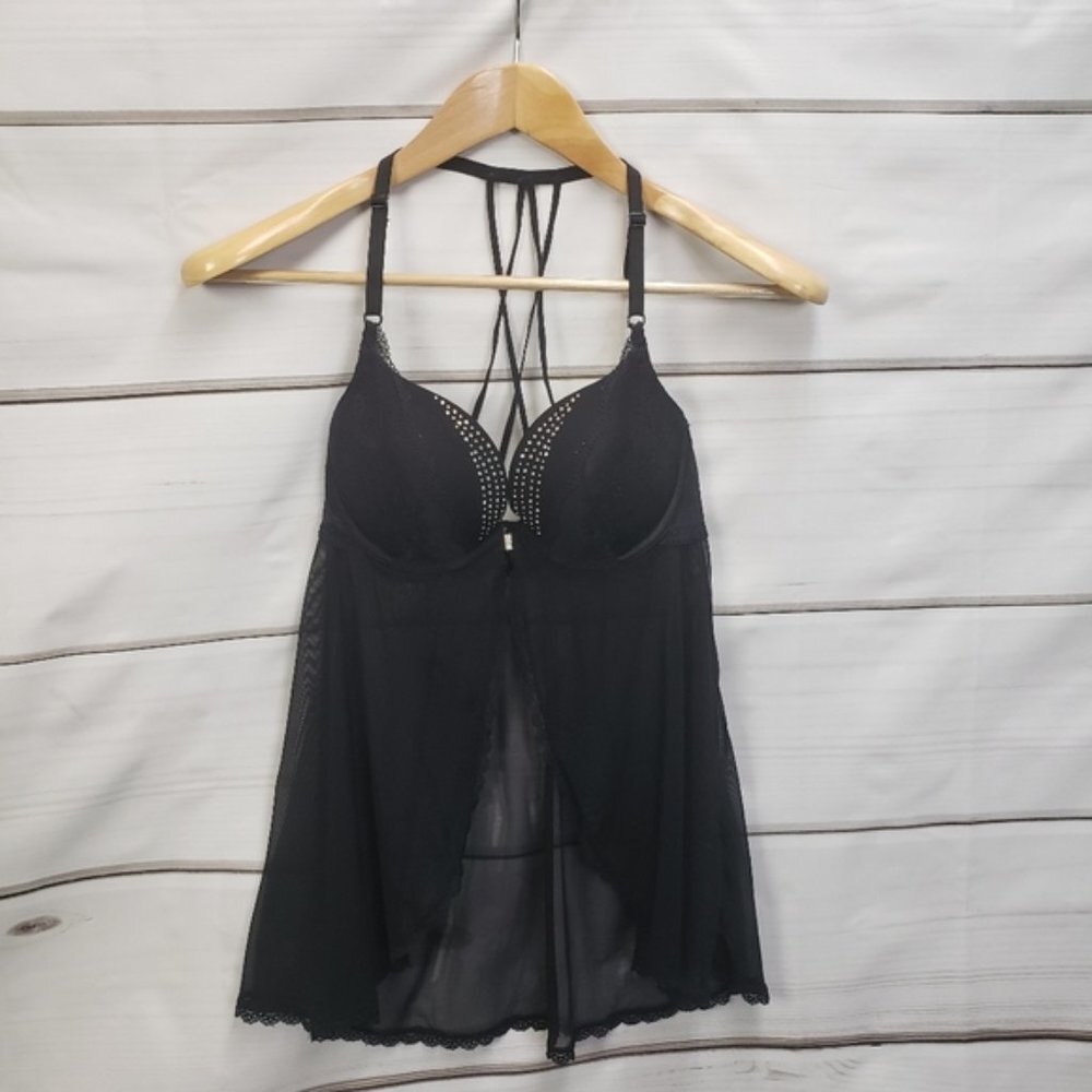 La Senza Sexy Black Lingerie Chemise Racerback Rhinestone Underwire Boudoir